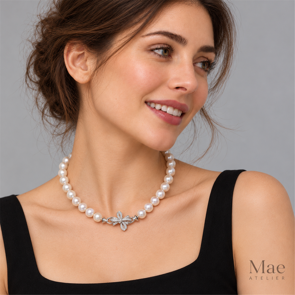 Large Freshwater Pearl Necklace, 9-11.5mm High Luster, Crystal Bow Clasp — model wearing the jewelry