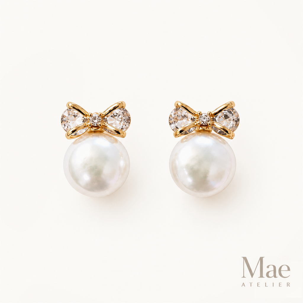 Coin Pearl Bow Stud Earrings – Freshwater Pearls, CZ Bow, S925 Sterling Silver — hero view