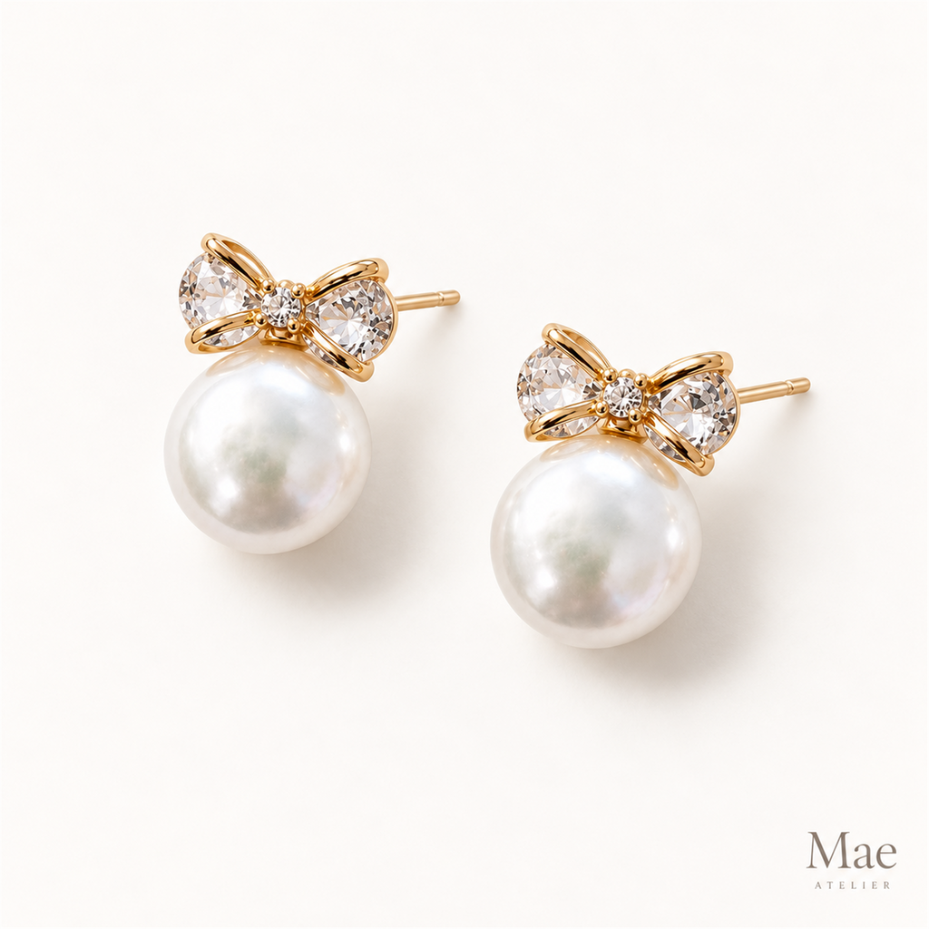 Coin Pearl Bow Stud Earrings – Freshwater Pearls, CZ Bow, S925 Sterling Silver — full product view