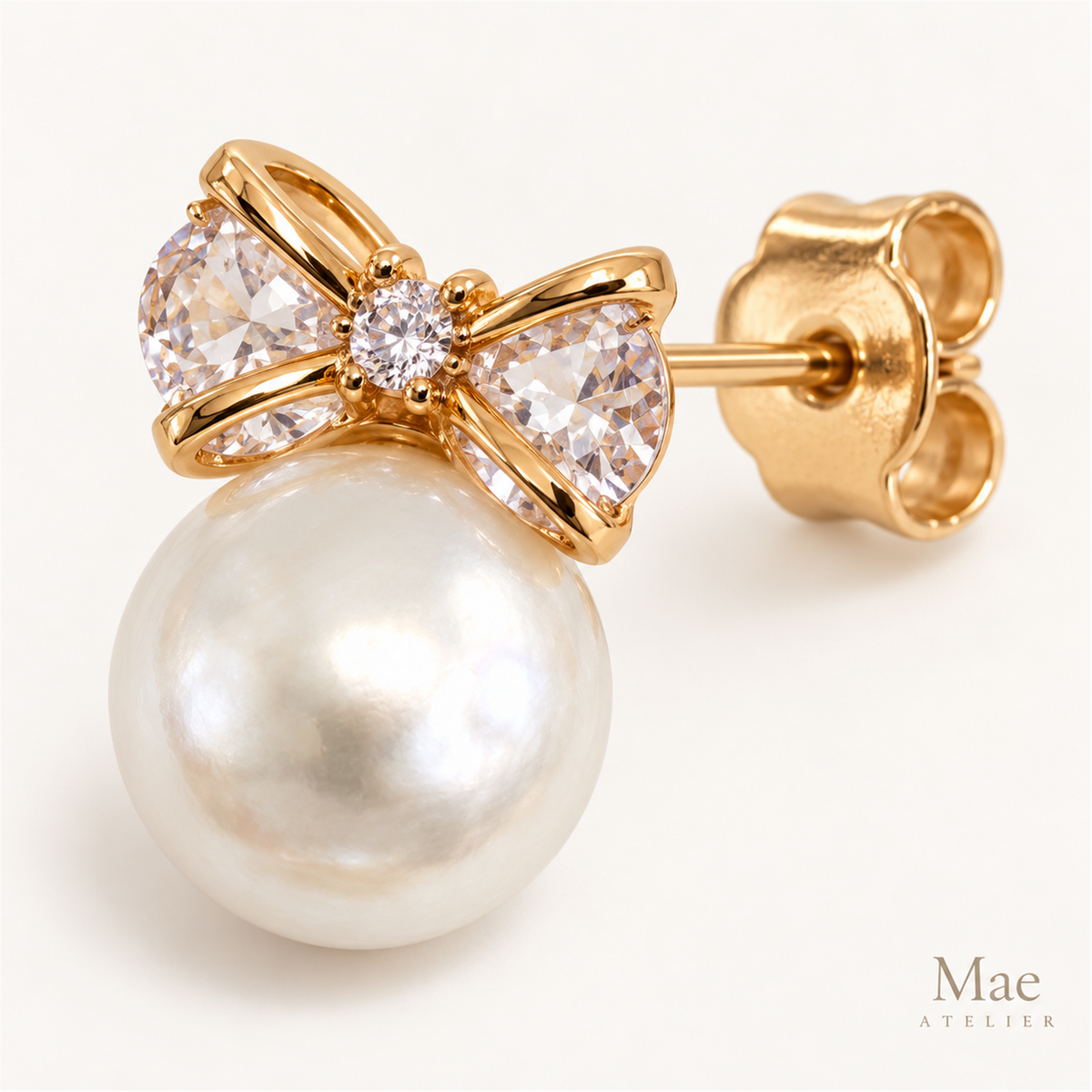 Coin Pearl Bow Stud Earrings – Freshwater Pearls, CZ Bow, S925 Sterling Silver — hardware detail