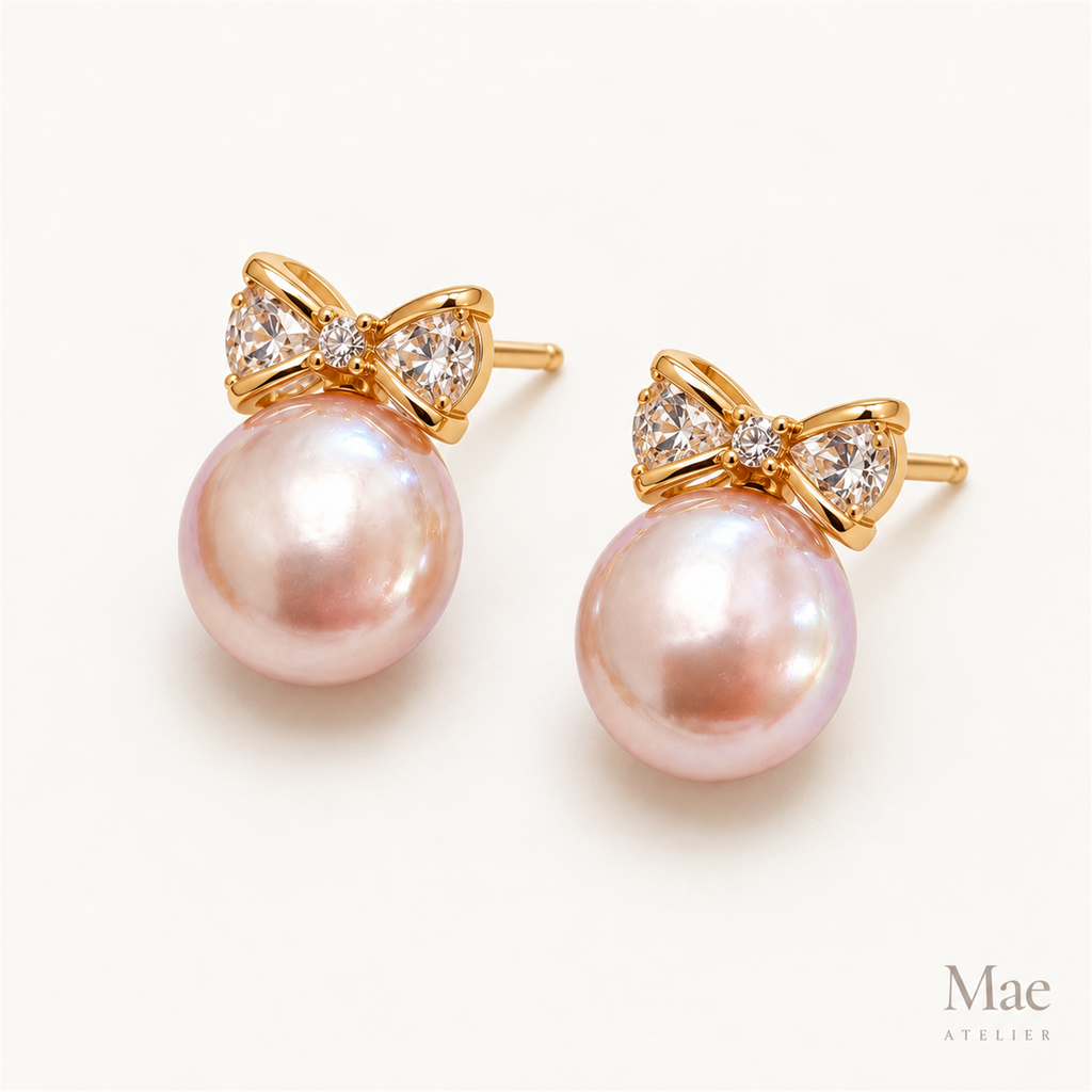 Coin Pearl Bow Stud Earrings – Freshwater Pearls, CZ Bow, S925 Sterling Silver — alternate angle