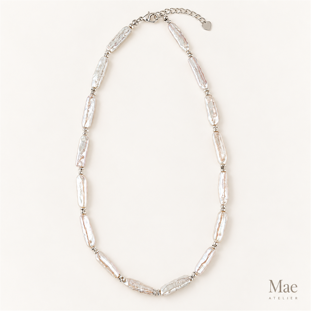 Freshwater Biwa Stick Pearl Necklace, Silver or Turquoise Accent, Beach Jewelry — full product view