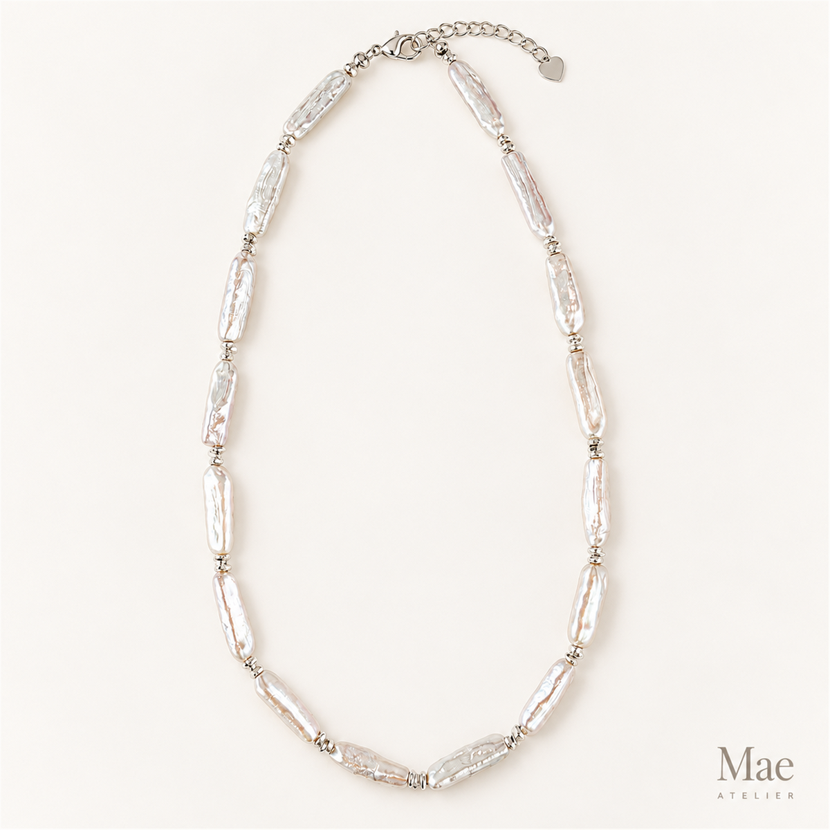 Freshwater Biwa Stick Pearl Necklace, Silver or Turquoise Accent, Beach Jewelry — full product view