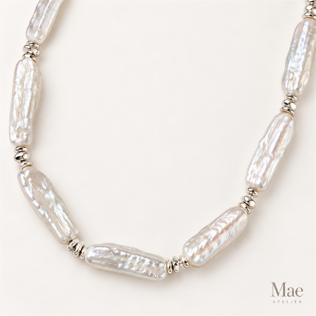 Freshwater Biwa Stick Pearl Necklace, Silver or Turquoise Accent, Beach Jewelry — pearl detail
