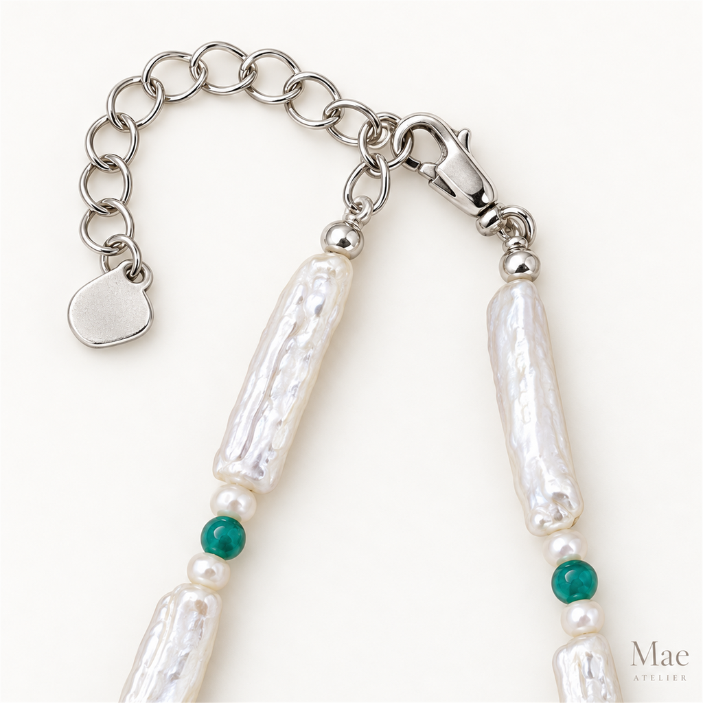 Freshwater Biwa Stick Pearl Necklace, Silver or Turquoise Accent, Beach Jewelry — hardware detail
