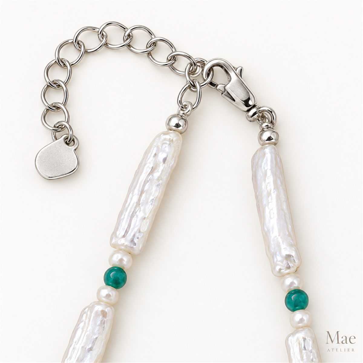 Freshwater Biwa Stick Pearl Necklace, Silver or Turquoise Accent, Beach Jewelry — hardware detail