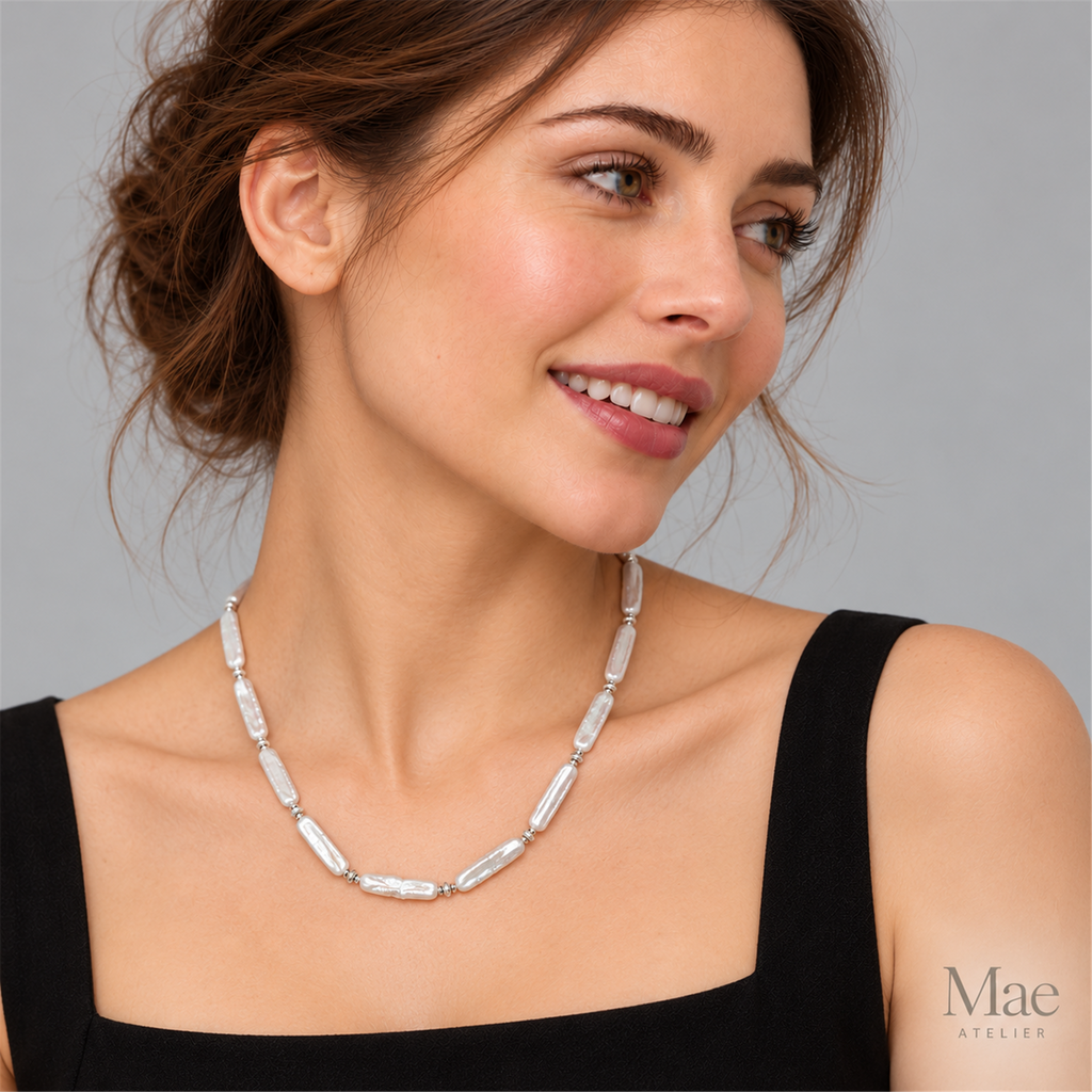 Freshwater Biwa Stick Pearl Necklace, Silver or Turquoise Accent, Beach Jewelry — model wearing the jewelry