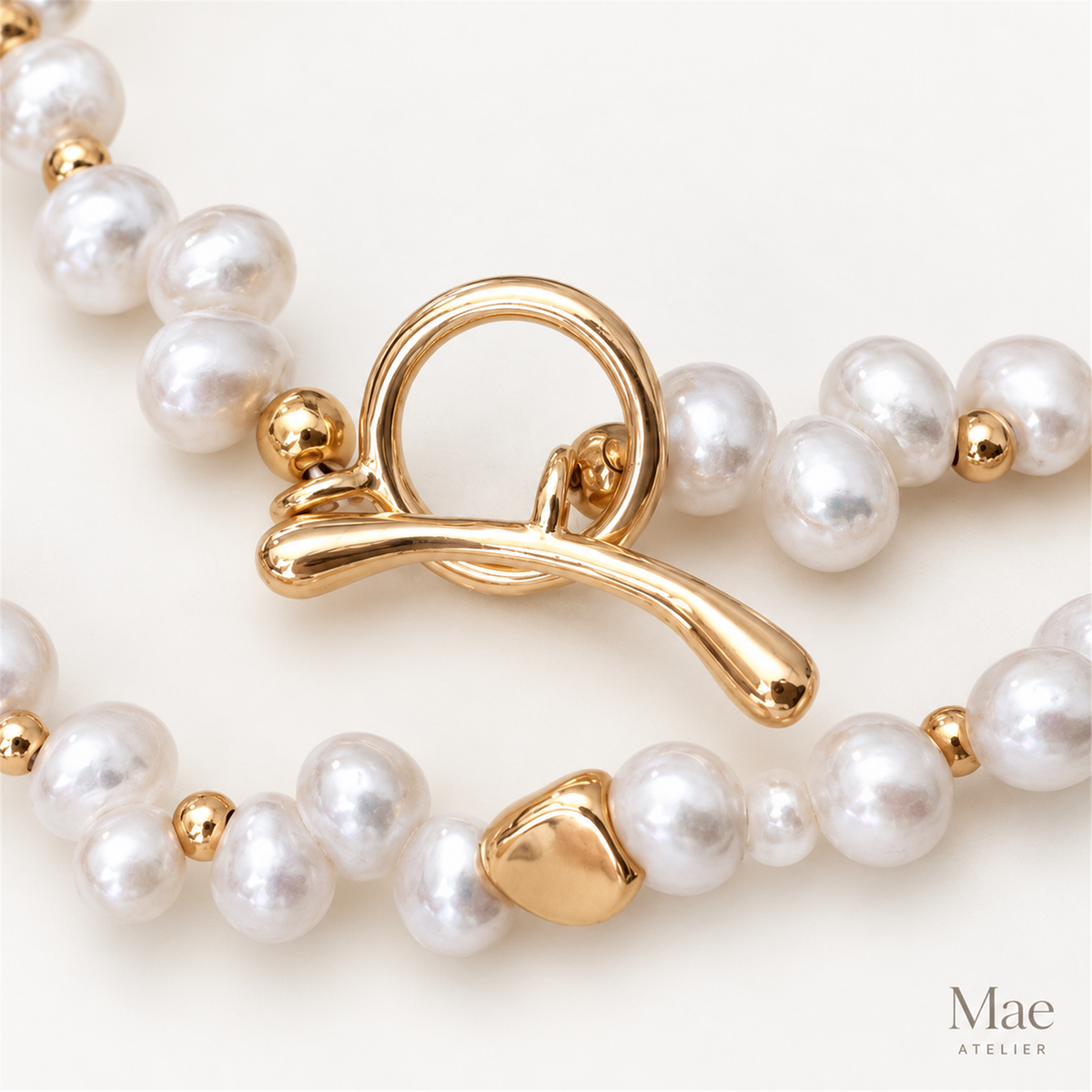 Dainty Freshwater Pearl Necklace, 18K Gold Beaded, Akoya Style, Bridal Layering — hardware detail