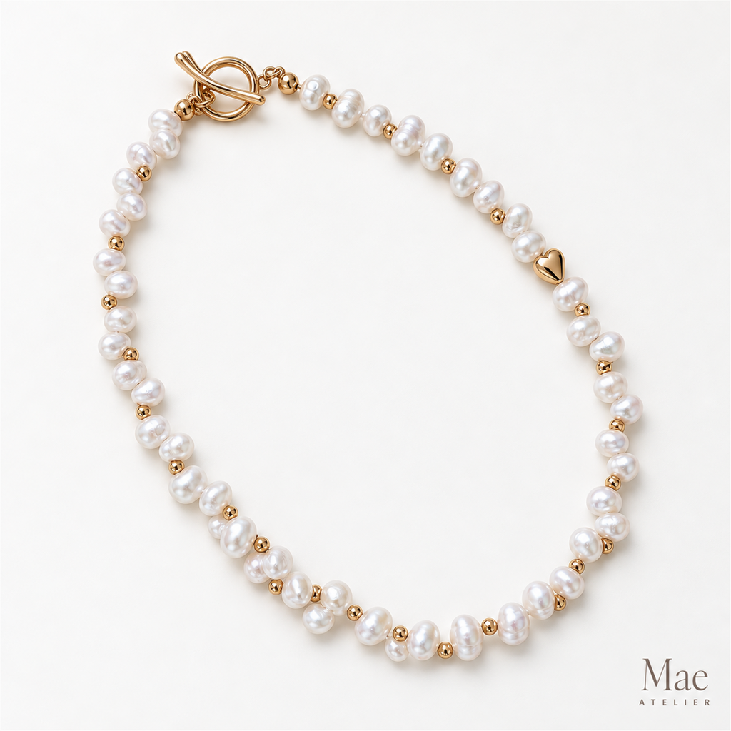 Dainty Freshwater Pearl Necklace, 18K Gold Beaded, Akoya Style, Bridal Layering — alternate angle