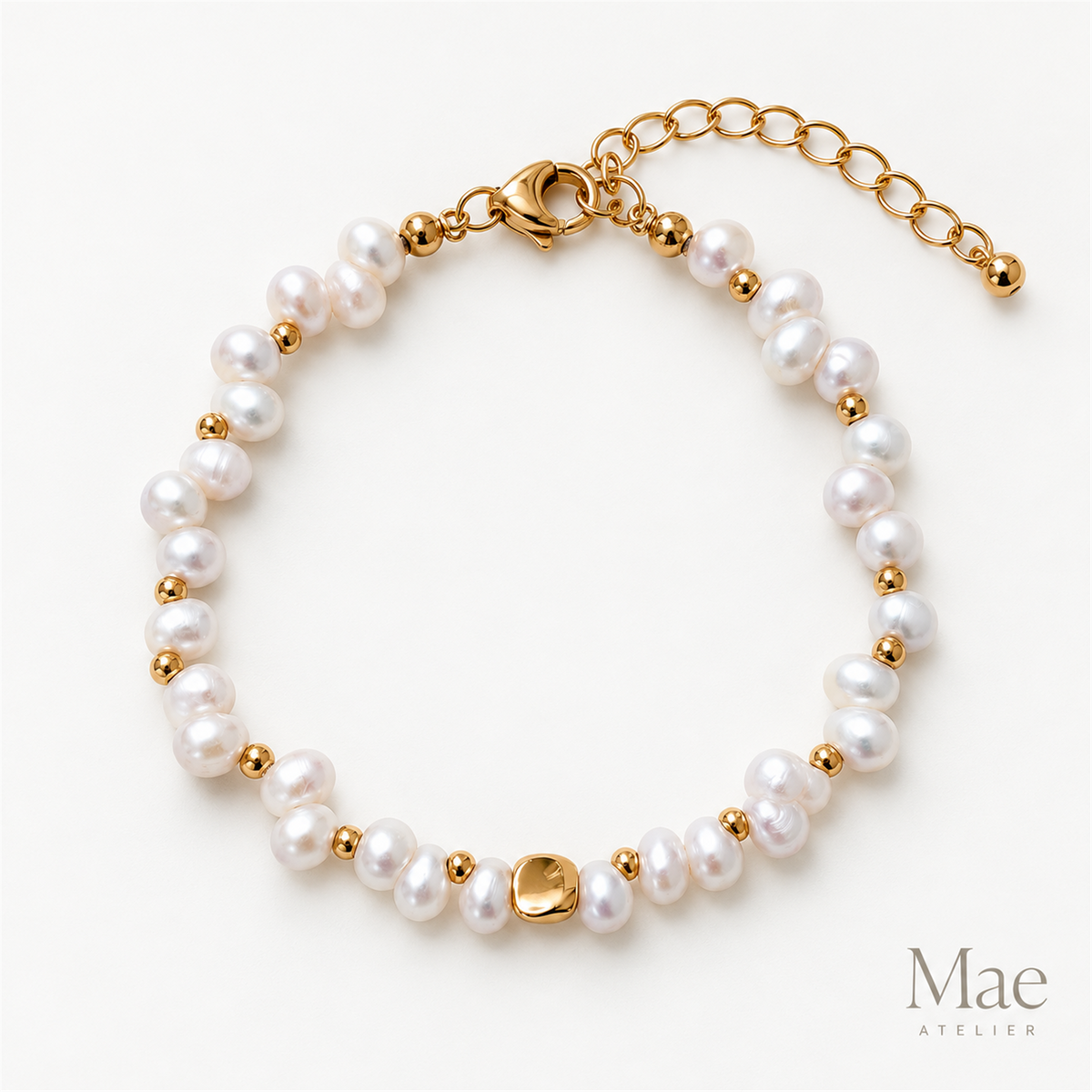 Dainty Freshwater Pearl Bracelet, 18K Gold Beaded, Akoya Style, Bridal Wedding Gift — full product view