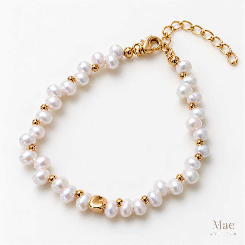 Dainty Freshwater Pearl Bracelet, 18K Gold Beaded, Akoya Style, Bridal Wedding Gift — alternate angle