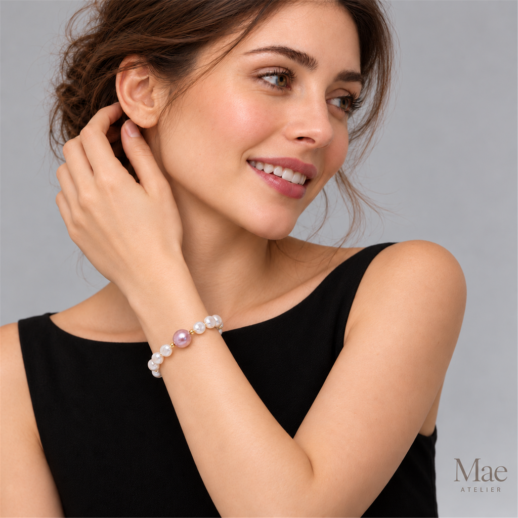 Freshwater Pearl Bracelet, Pink Purple Focal, Metallic Luster, 18K Gold Clasp — model wearing the jewelry