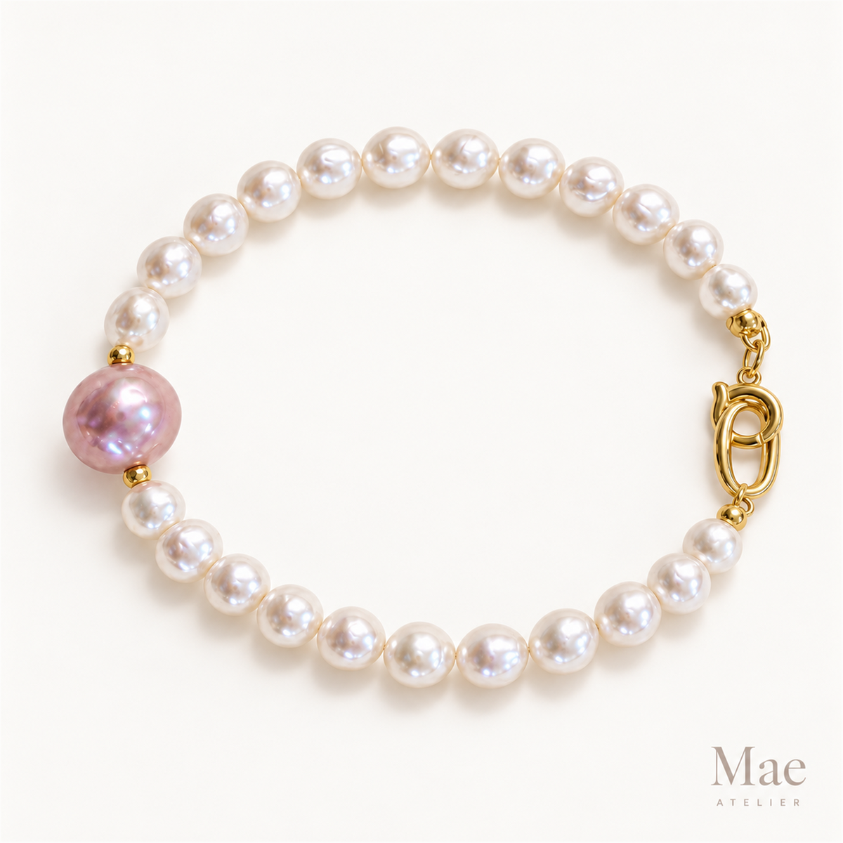 Freshwater Pearl Bracelet, Pink Purple Focal, Metallic Luster, 18K Gold Clasp — alternate angle