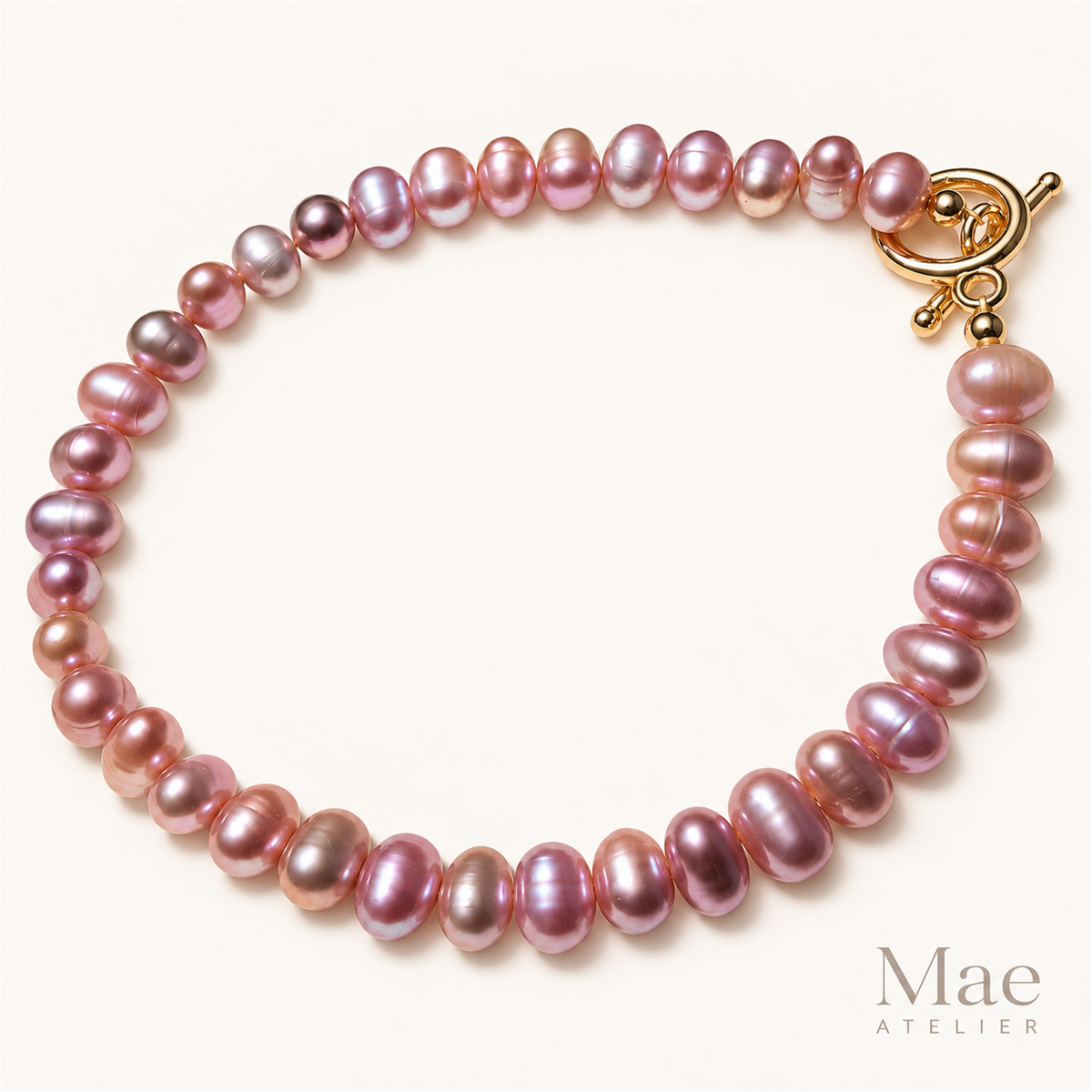 Natural Lavender Freshwater Pearl Bracelet, Metallic Luster, 18K Gold Plated Clasp — full product view