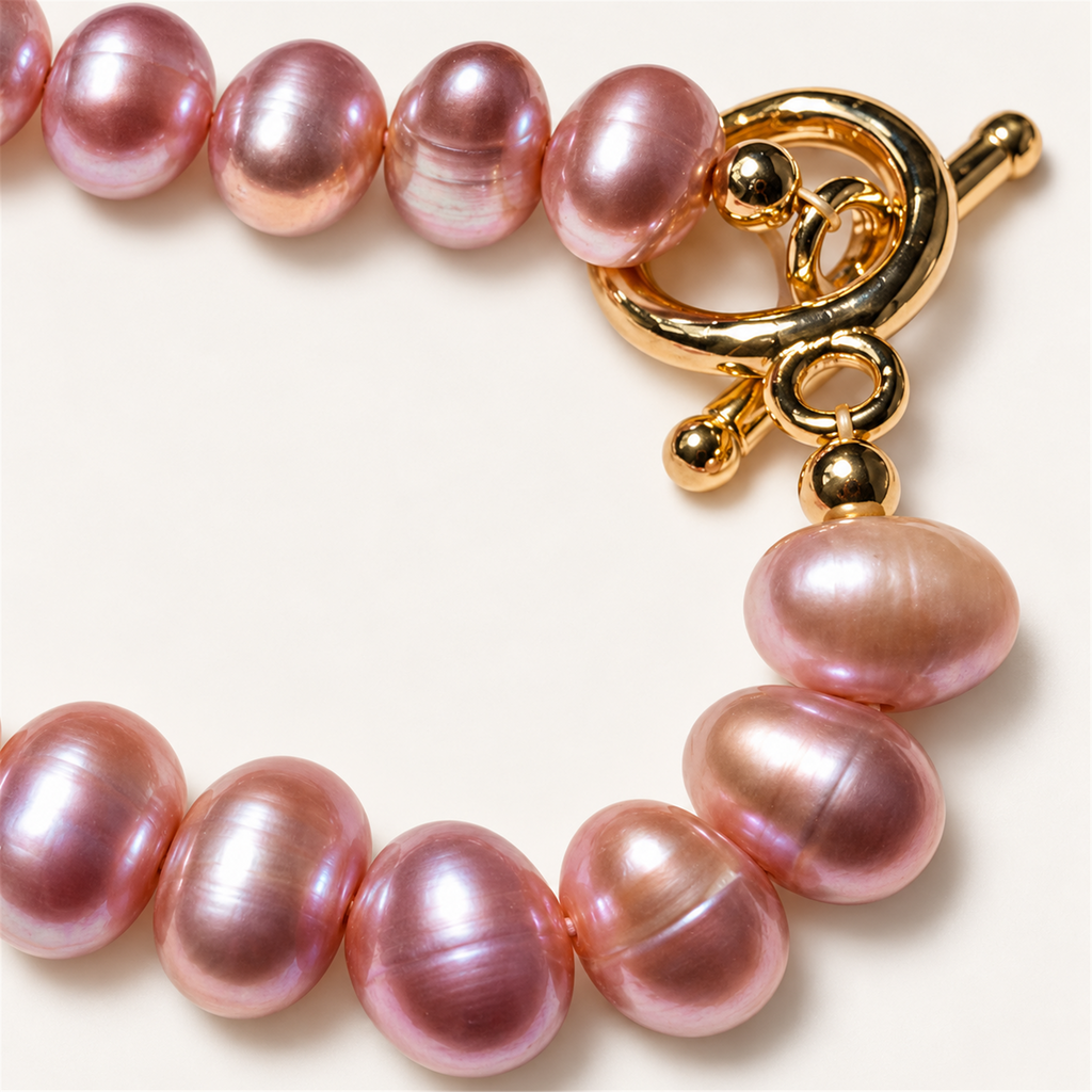 Natural Lavender Freshwater Pearl Bracelet, Metallic Luster, 18K Gold Plated Clasp — pearl detail