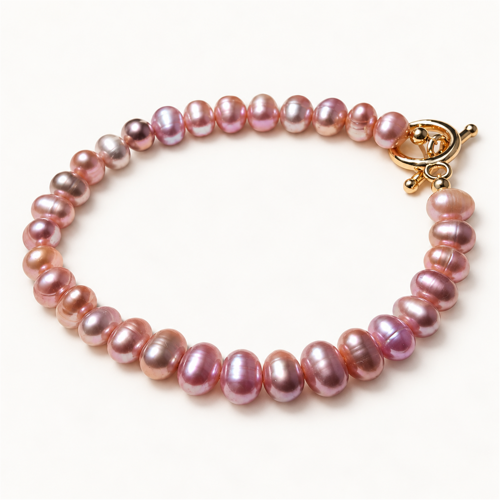 Natural Lavender Freshwater Pearl Bracelet, Metallic Luster, 18K Gold Plated Clasp — alternate angle