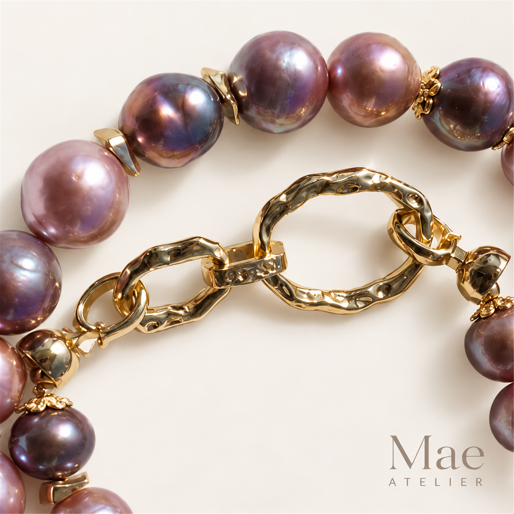 Pink Purple Baroque Pearl Necklace, 10-11mm Metallic Luster Ombre Strand (19 inch) — hardware detail