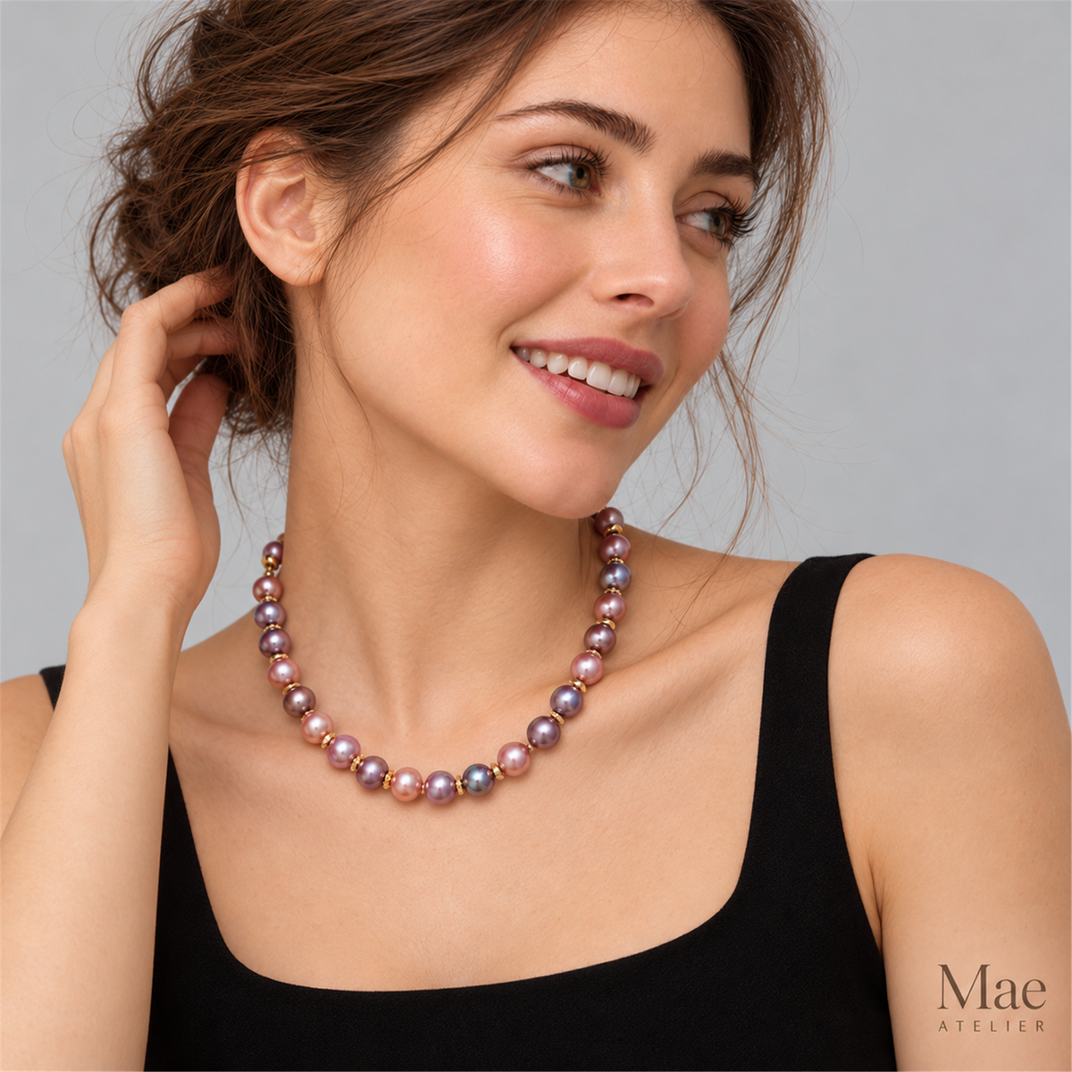 Pink Purple Baroque Pearl Necklace, 10-11mm Metallic Luster Ombre Strand (19 inch) — model wearing the jewelry