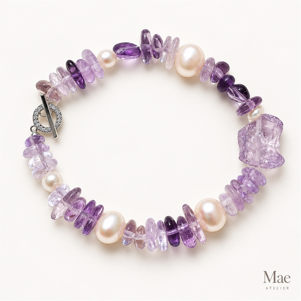 Natural Amethyst & Freshwater Pearl Bracelet, Ombré Purple, CZ Toggle Clasp — full product view