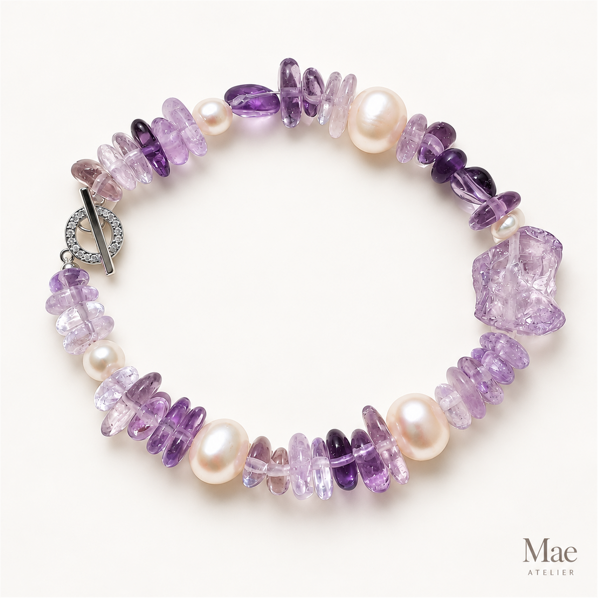 Natural Amethyst & Freshwater Pearl Bracelet, Ombré Purple, CZ Toggle Clasp — full product view