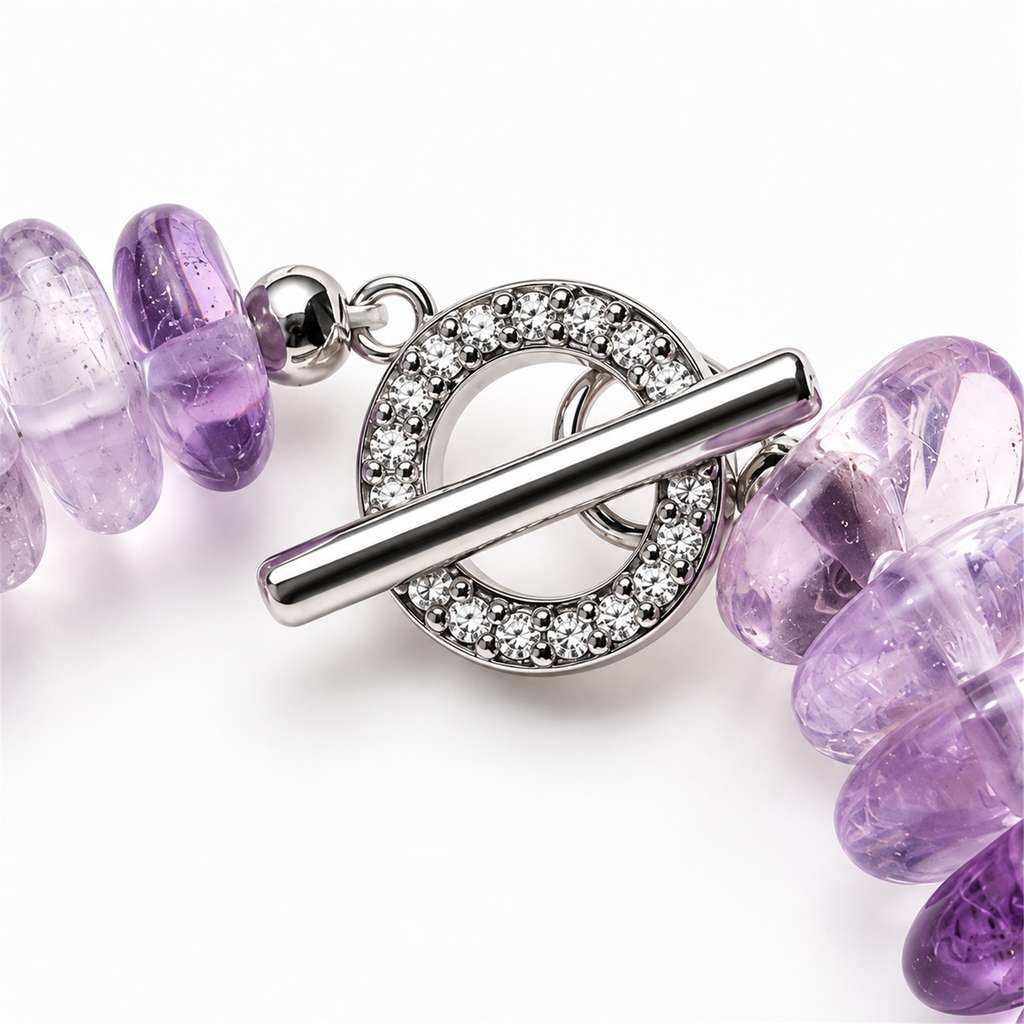Natural Amethyst & Freshwater Pearl Bracelet, Ombré Purple, CZ Toggle Clasp — hardware detail