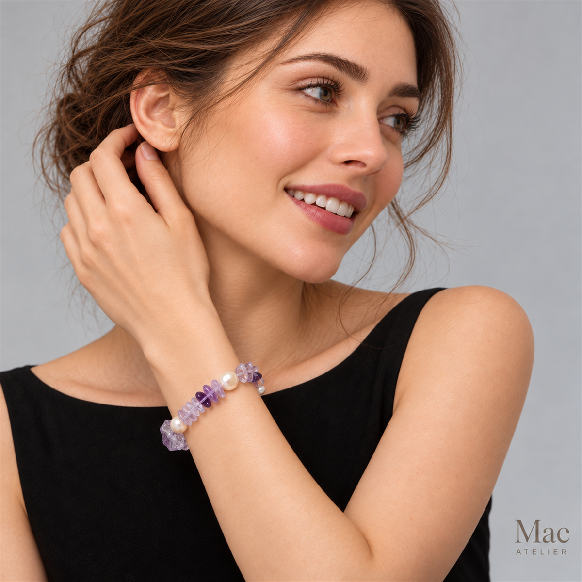 Natural Amethyst & Freshwater Pearl Bracelet, Ombré Purple, CZ Toggle Clasp — model wearing the jewelry