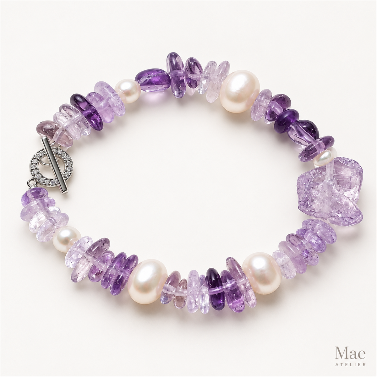 Natural Amethyst & Freshwater Pearl Bracelet, Ombré Purple, CZ Toggle Clasp — alternate angle
