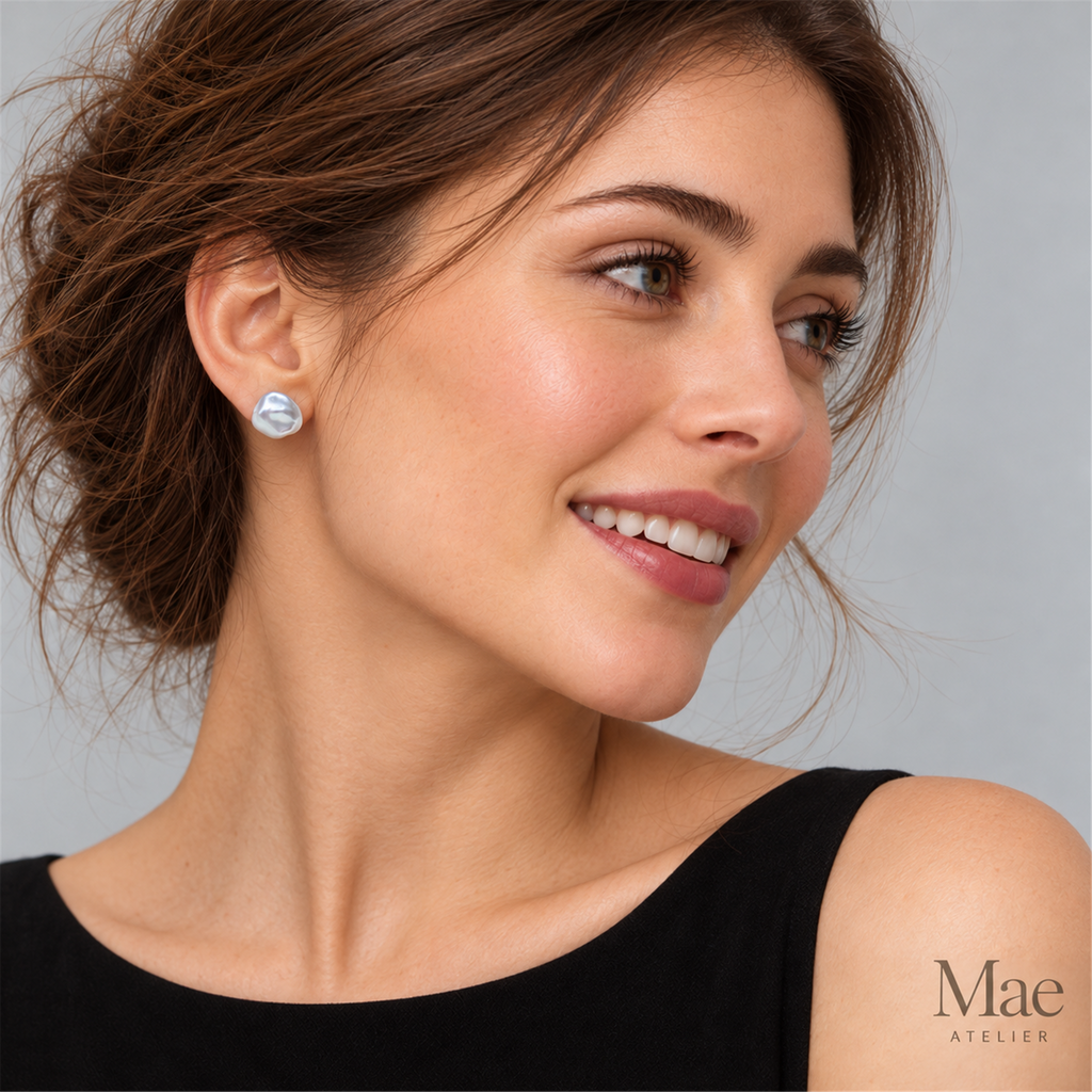 Large Keshi Pearl Stud Earrings, 10-12mm Baroque Freshwater Pearls, Sterling Silver Posts — model wearing the jewelry