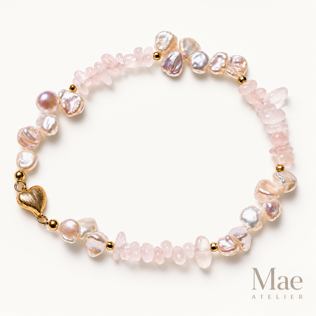 Keshi Pearl Rose Quartz Bracelet, Petal Pearls, 18K Gold Heart Clasp — hero view