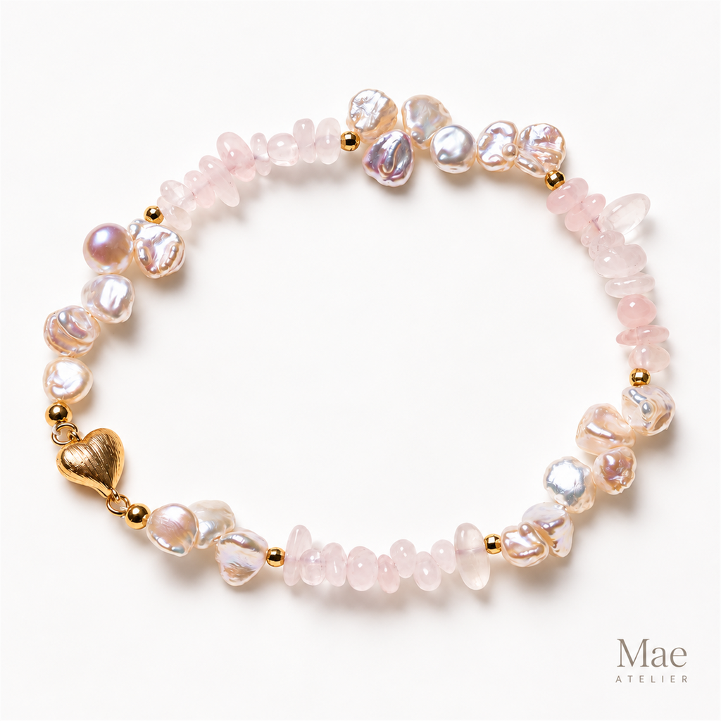 Keshi Pearl Rose Quartz Bracelet, Petal Pearls, 18K Gold Heart Clasp — full product view