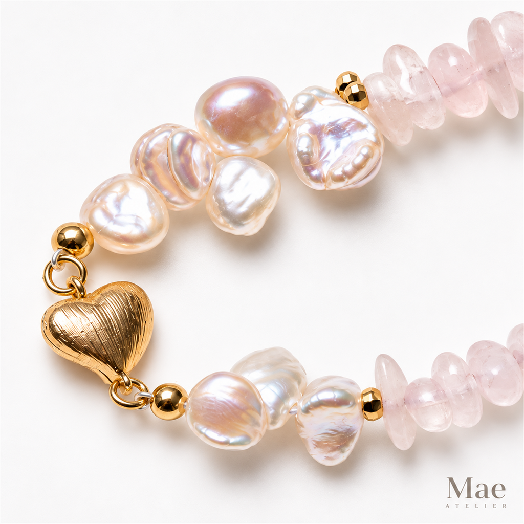 Keshi Pearl Rose Quartz Bracelet, Petal Pearls, 18K Gold Heart Clasp — pearl detail