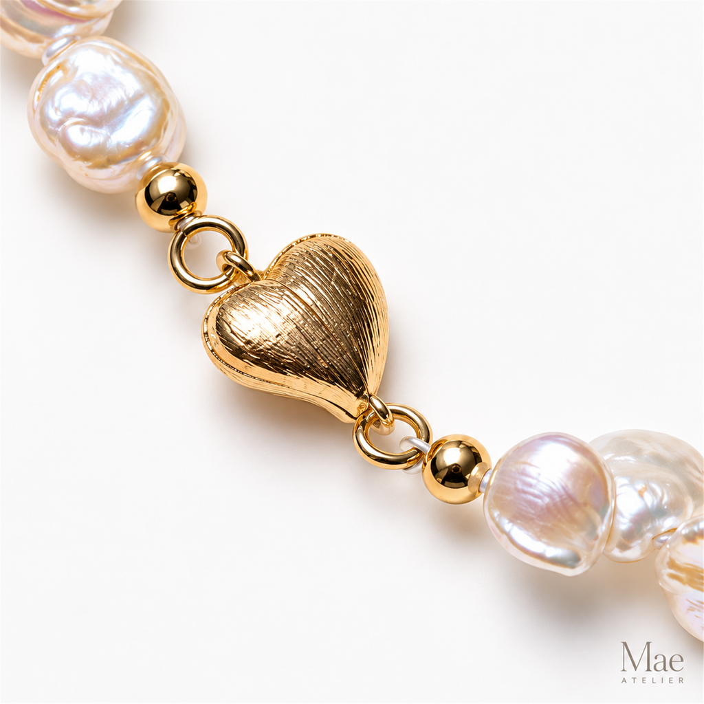 Keshi Pearl Rose Quartz Bracelet, Petal Pearls, 18K Gold Heart Clasp — hardware detail