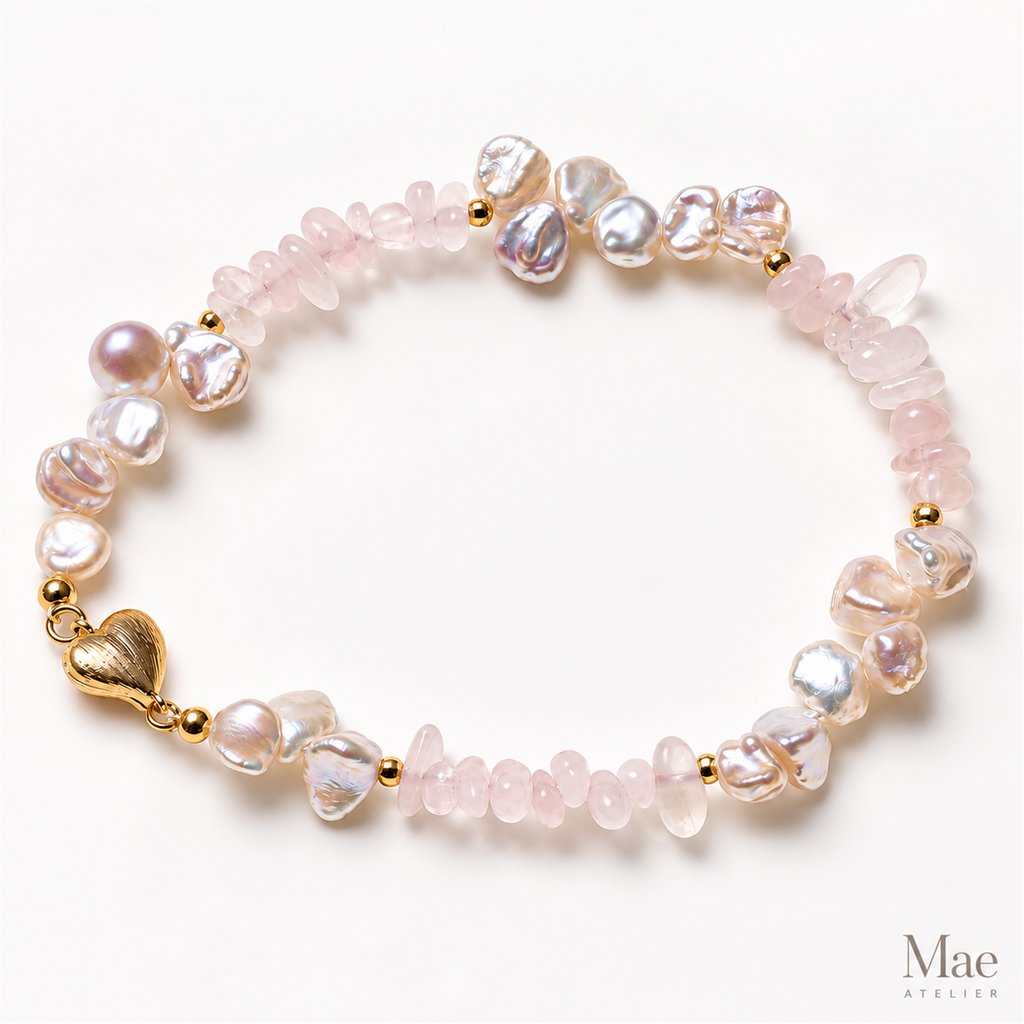 Keshi Pearl Rose Quartz Bracelet, Petal Pearls, 18K Gold Heart Clasp — alternate angle