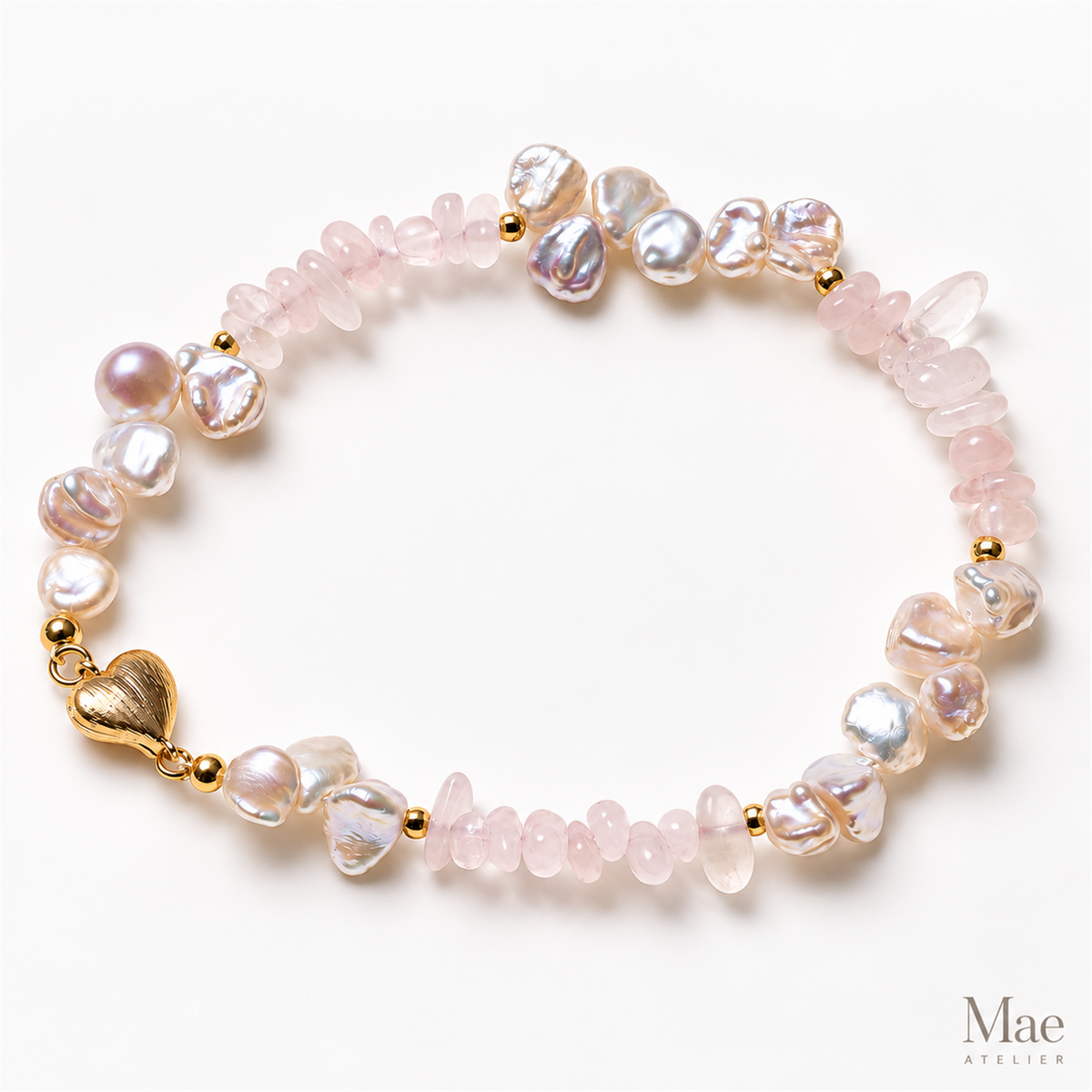 Keshi Pearl Rose Quartz Bracelet, Petal Pearls, 18K Gold Heart Clasp — alternate angle