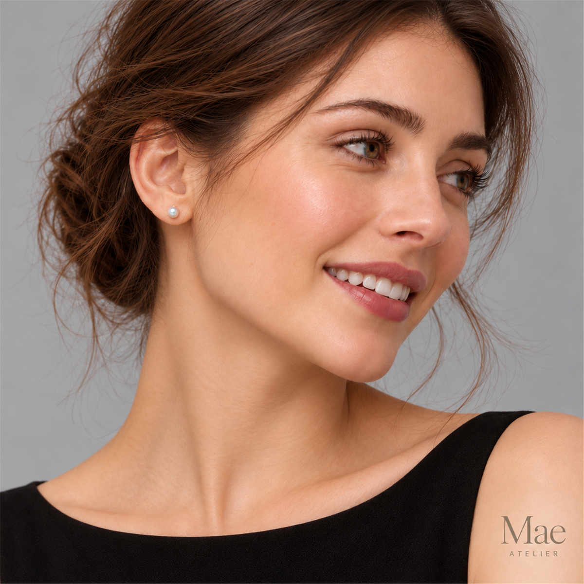 4mm Akoya Pearl Stud Earrings, Saltwater Pearls, Sterling Silver Posts — model wearing the jewelry