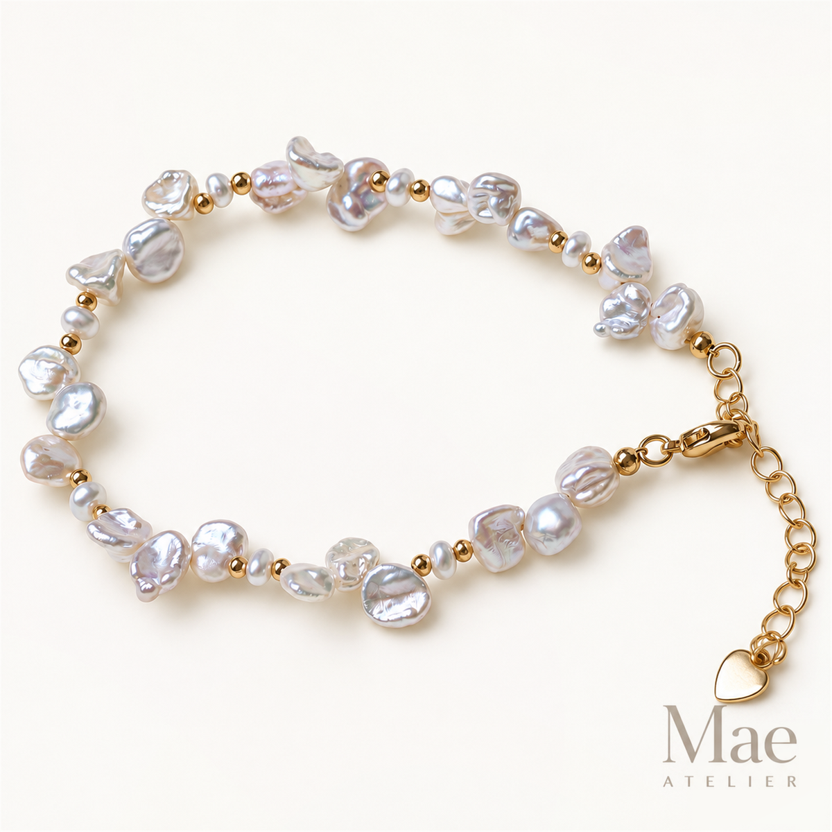 Keshi Petal Pearl Bracelet, 18K Gold Plated Beads, Metallic Luster, Adjustable Length, Heart Charm — hero view