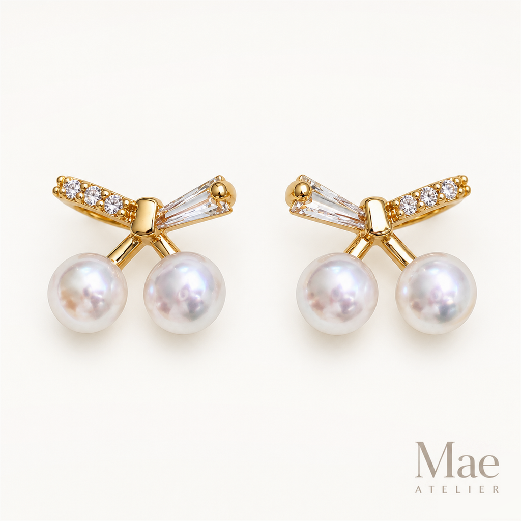 Cherry Pearl Stud Earrings, 4-5mm Freshwater Pearl Cherries with CZ Stems, Gold or White Gold Finish, S925 Silver Posts, Gift for Her — hero view