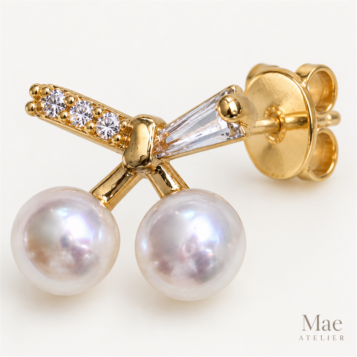 Cherry Pearl Stud Earrings, 4-5mm Freshwater Pearl Cherries with CZ Stems, Gold or White Gold Finish, S925 Silver Posts, Gift for Her — hardware detail