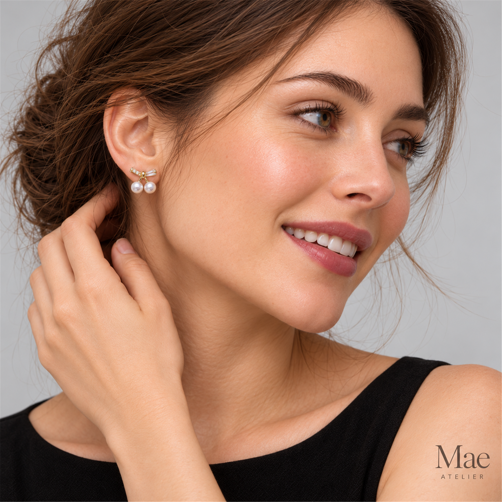 Cherry Pearl Stud Earrings, 4-5mm Freshwater Pearl Cherries with CZ Stems, Gold or White Gold Finish, S925 Silver Posts, Gift for Her — model wearing the jewelry