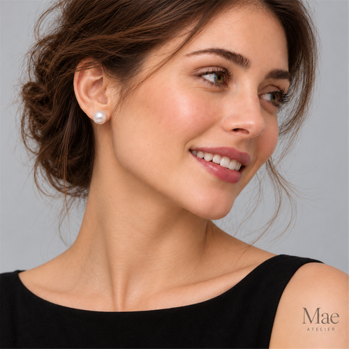 7-8mm Freshwater Pearl Studs, Domed Shape, Silky Luster Real Pearls, S925 Silver Posts, Everyday Gift for Her — model wearing the jewelry