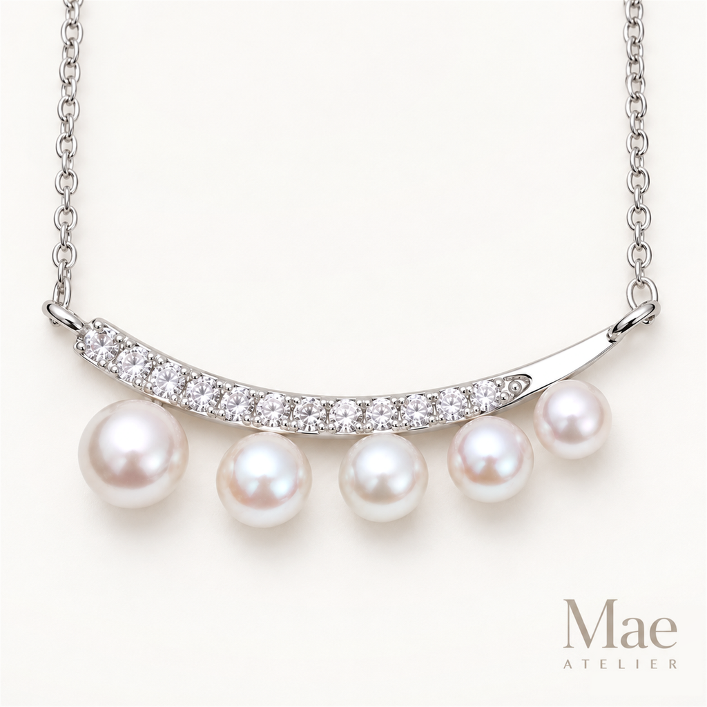 Graduated Pearl Curved Bar Necklace, Smile Bar with 4-6mm Real Pearls and CZ, Adjustable 17-20 Inch Chain, Gift for Her — hero view