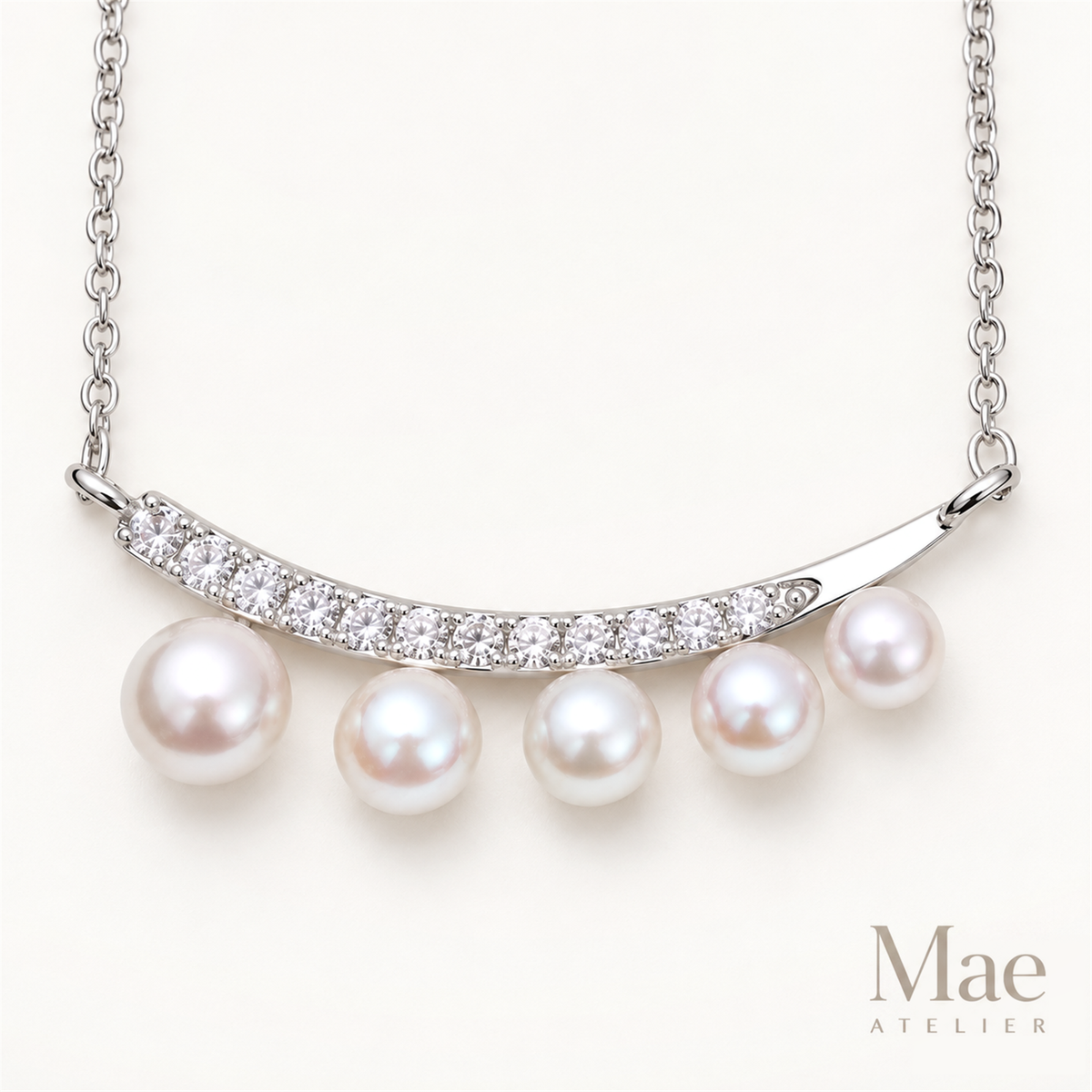 Graduated Pearl Curved Bar Necklace, Smile Bar with 4-6mm Real Pearls and CZ, Adjustable 17-20 Inch Chain, Gift for Her — hero view