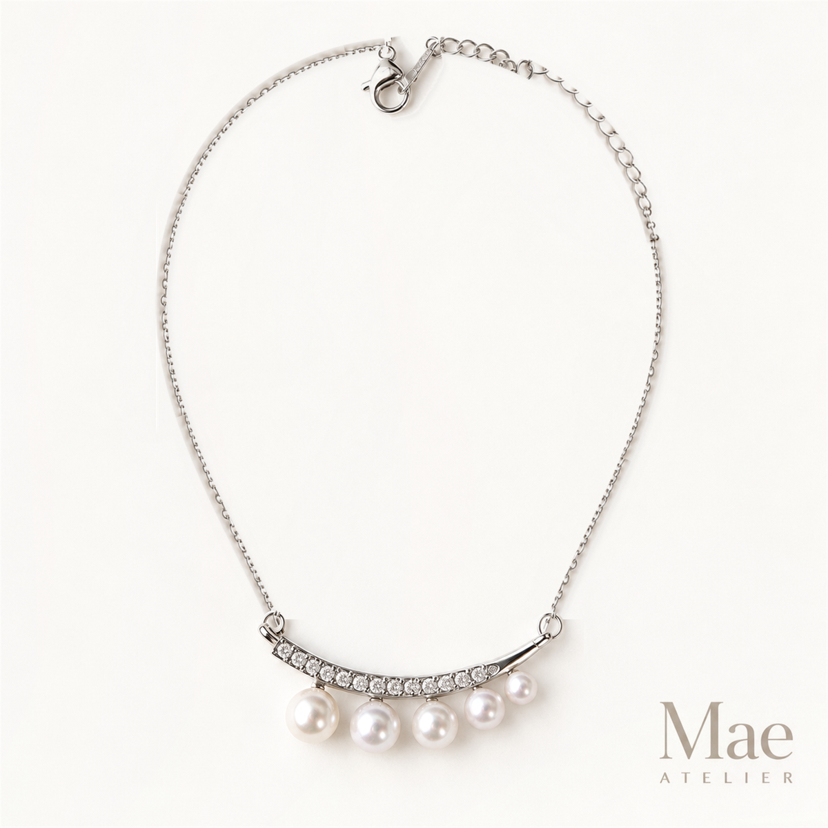 Graduated Pearl Curved Bar Necklace, Smile Bar with 4-6mm Real Pearls and CZ, Adjustable 17-20 Inch Chain, Gift for Her — full product view