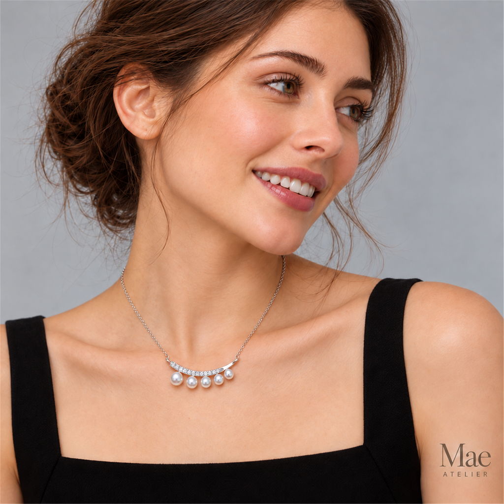 Graduated Pearl Curved Bar Necklace, Smile Bar with 4-6mm Real Pearls and CZ, Adjustable 17-20 Inch Chain, Gift for Her — model wearing the jewelry