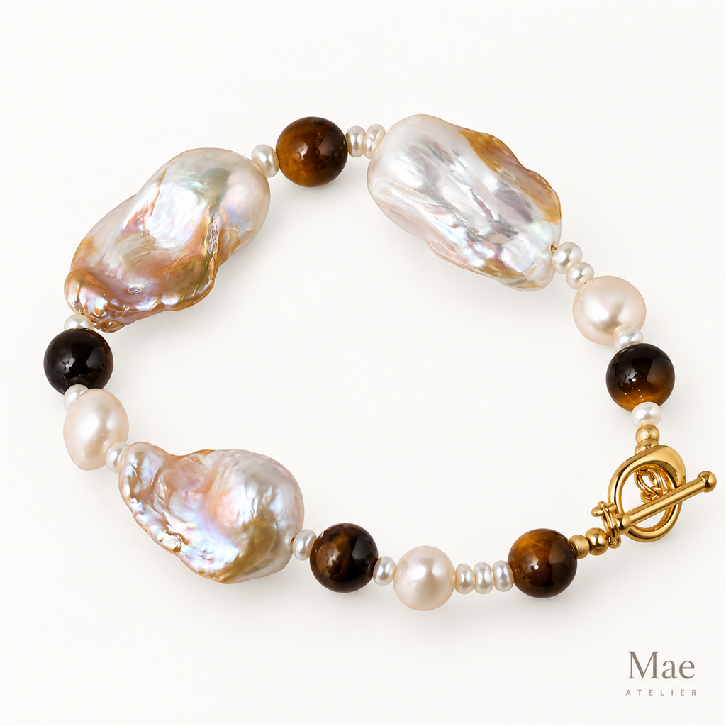 Baroque Pearl & Tiger Eye Bracelet, Chunky Statement Bracelet, 18K Gold Toggle Clasp, Keshi Pearl Jewelry, Custom Length, Handmade in USA — hero view