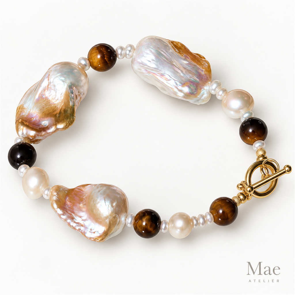 Baroque Pearl & Tiger Eye Bracelet, Chunky Statement Bracelet, 18K Gold Toggle Clasp, Keshi Pearl Jewelry, Custom Length, Handmade in USA — full product view
