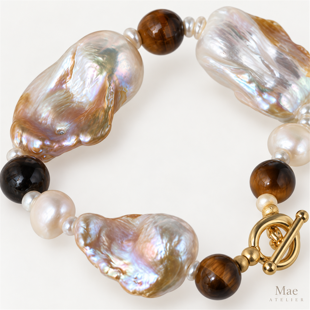 Baroque Pearl & Tiger Eye Bracelet, Chunky Statement Bracelet, 18K Gold Toggle Clasp, Keshi Pearl Jewelry, Custom Length, Handmade in USA — pearl detail