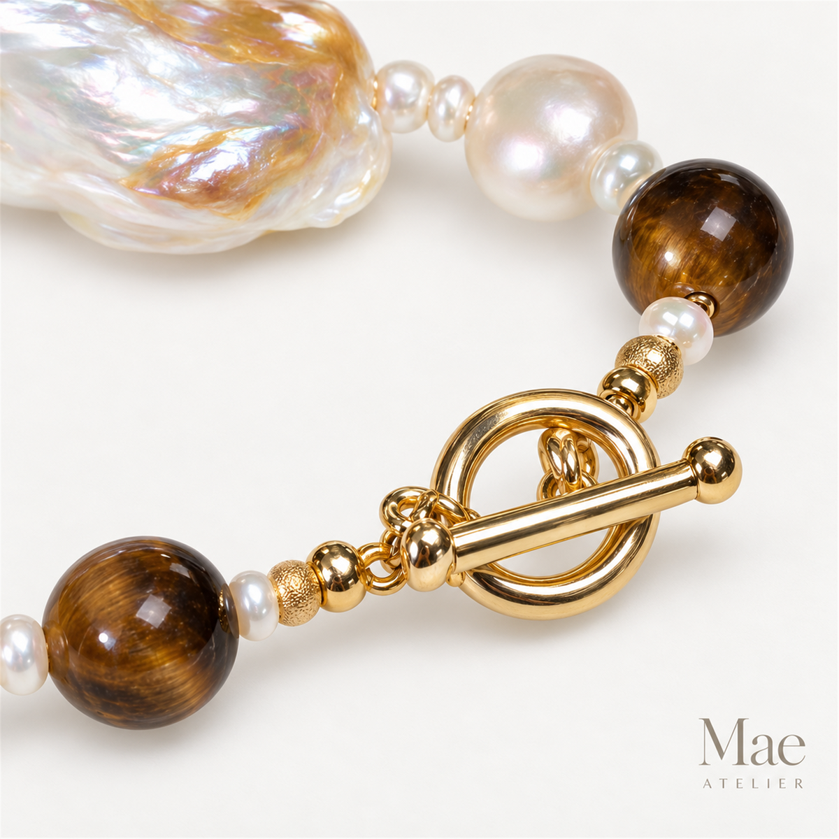 Baroque Pearl & Tiger Eye Bracelet, Chunky Statement Bracelet, 18K Gold Toggle Clasp, Keshi Pearl Jewelry, Custom Length, Handmade in USA — hardware detail