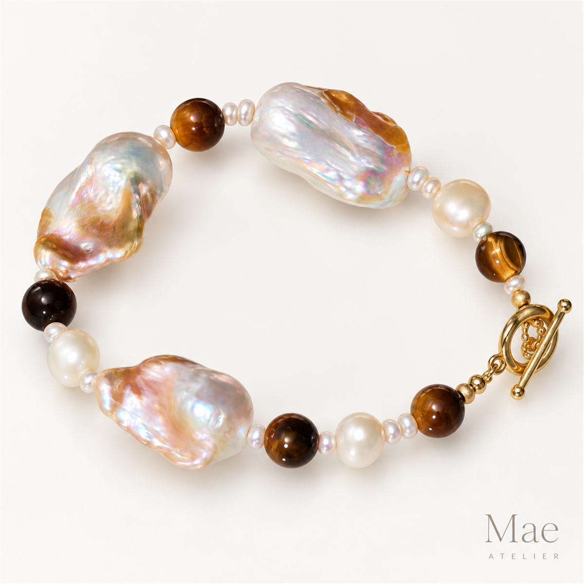 Baroque Pearl & Tiger Eye Bracelet, Chunky Statement Bracelet, 18K Gold Toggle Clasp, Keshi Pearl Jewelry, Custom Length, Handmade in USA — alternate angle
