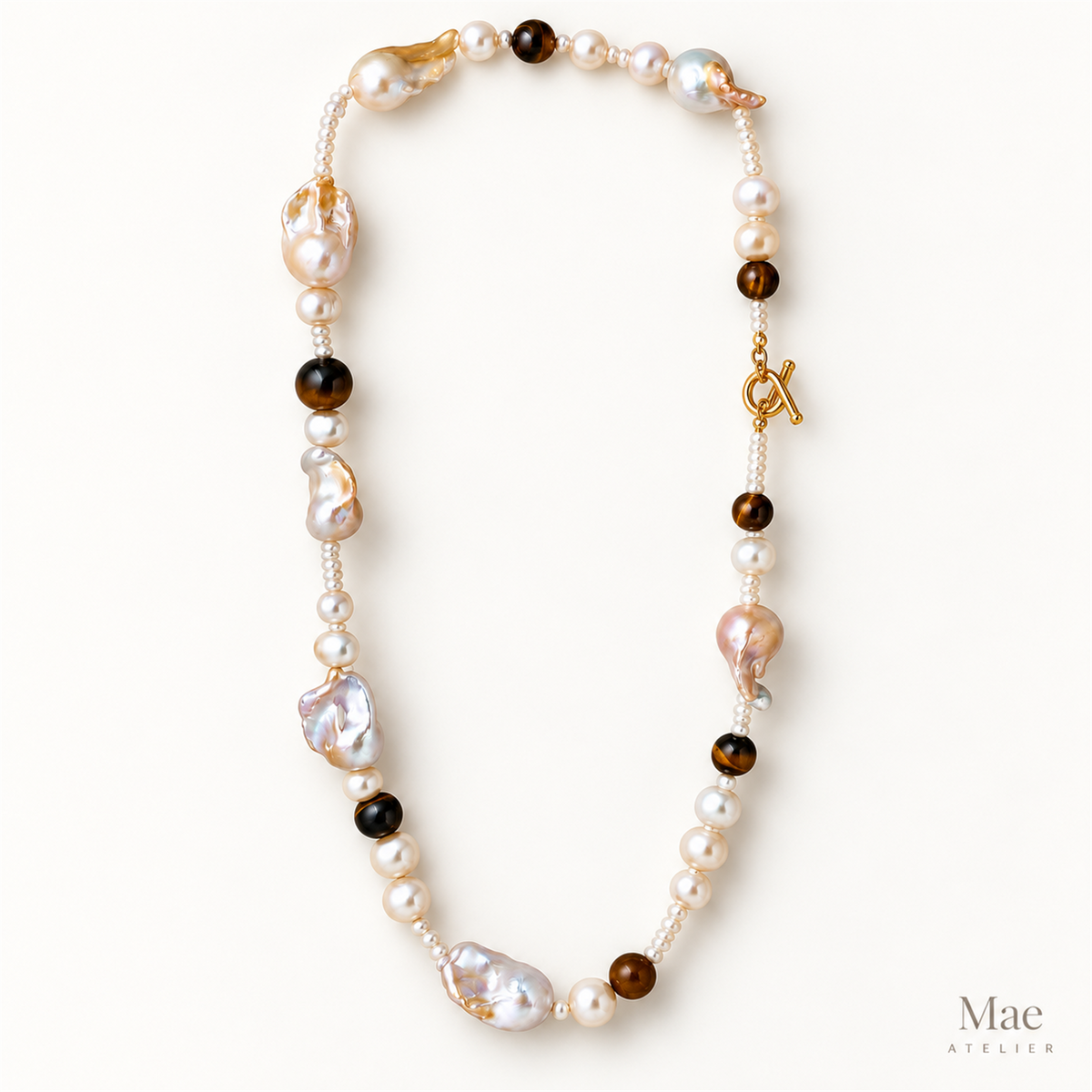 Large Baroque Pearl & Tiger's Eye Necklace, Adjustable Length Layering Necklace, OT Toggle Clasp, Autumn Statement Jewelry, Made in USA — hero view